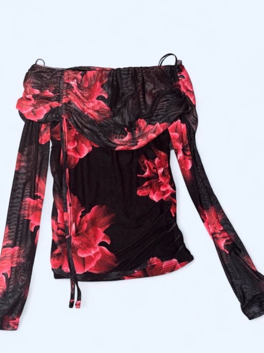 Madden Girl Black Long Sleeve Off-Shoulder Top with Red Floral Print